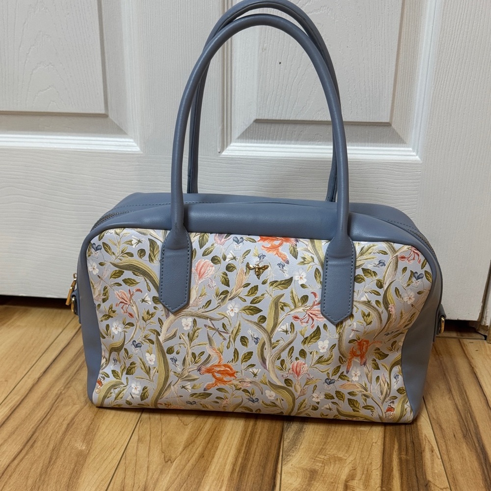 Structured Gray Floral-Panel Tote Bag with Dual Top Handles